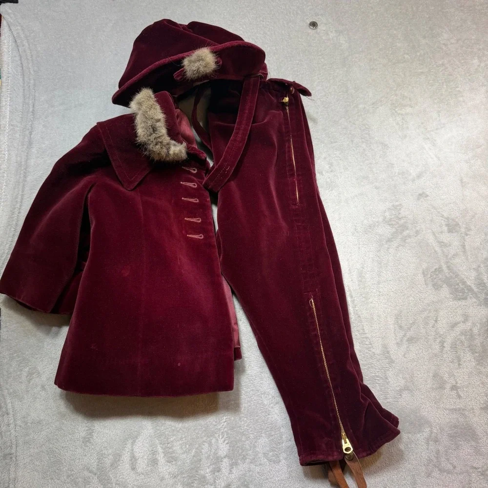 Vintage 1950s Burgundy Velvet Kids 3pc Snowsuit Set Coat Pants‎ Bonnet Fur Trim